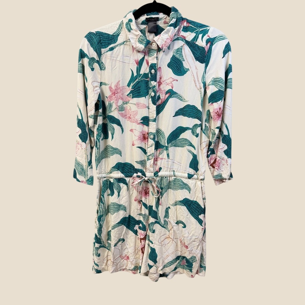 Ann Taylor Factory Tropical Floral Romper Cream Pink Green Size 0 Button Front